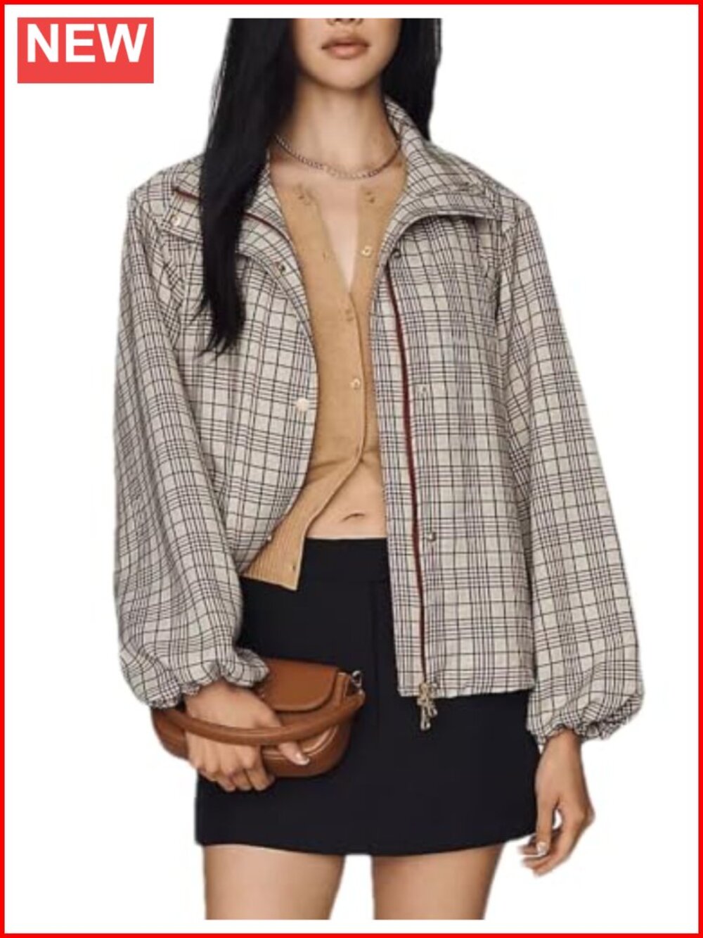 Women's Plaid Funnel Neck Jacket Zip Up Drawstring Hem Windbreaker Coat